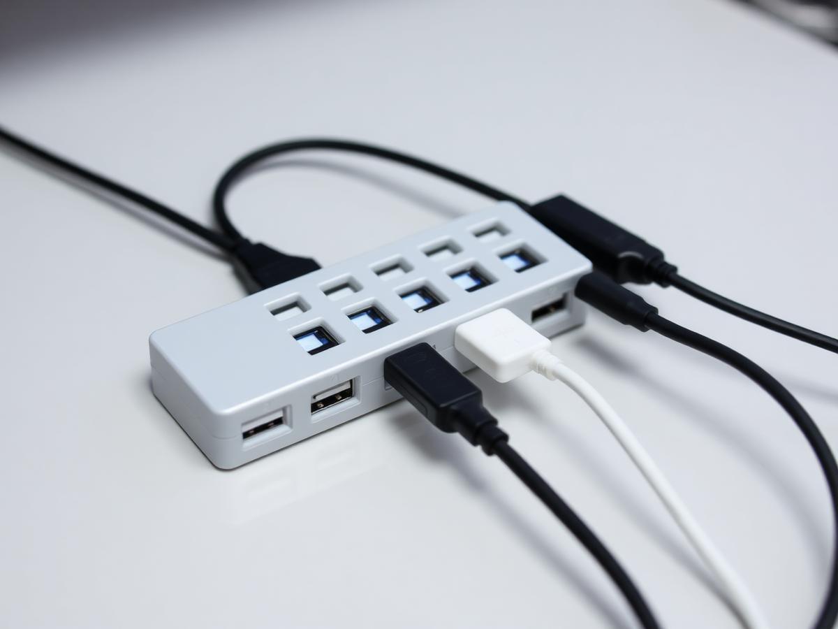 USB hub with cables plugged in on a desk