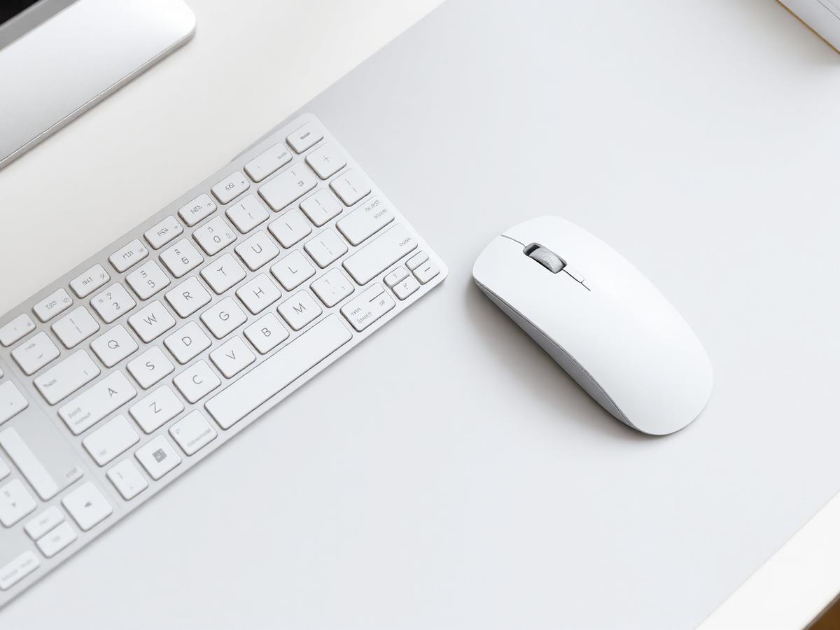 Computer keyboard and mouse on a light grey desk