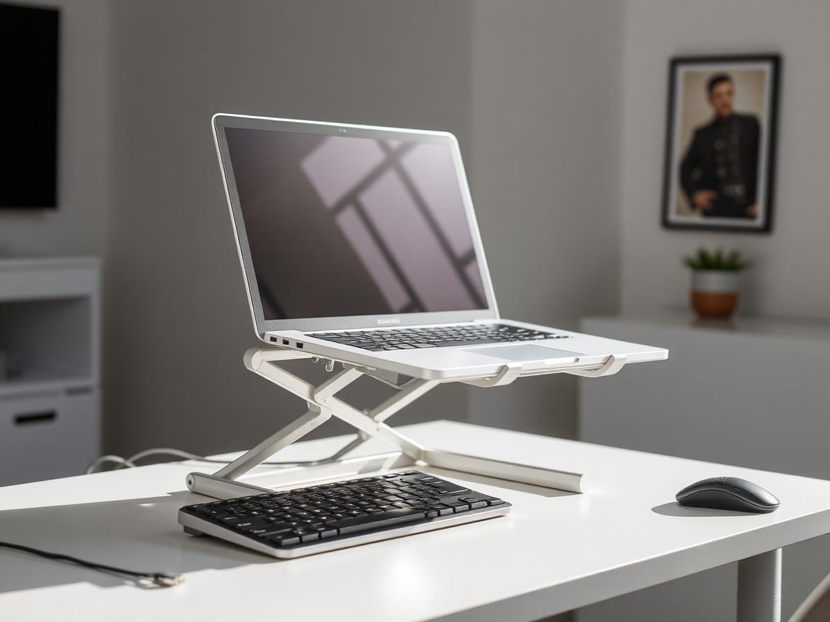 Laptop raised on a laptop stand with keyboard and mouse