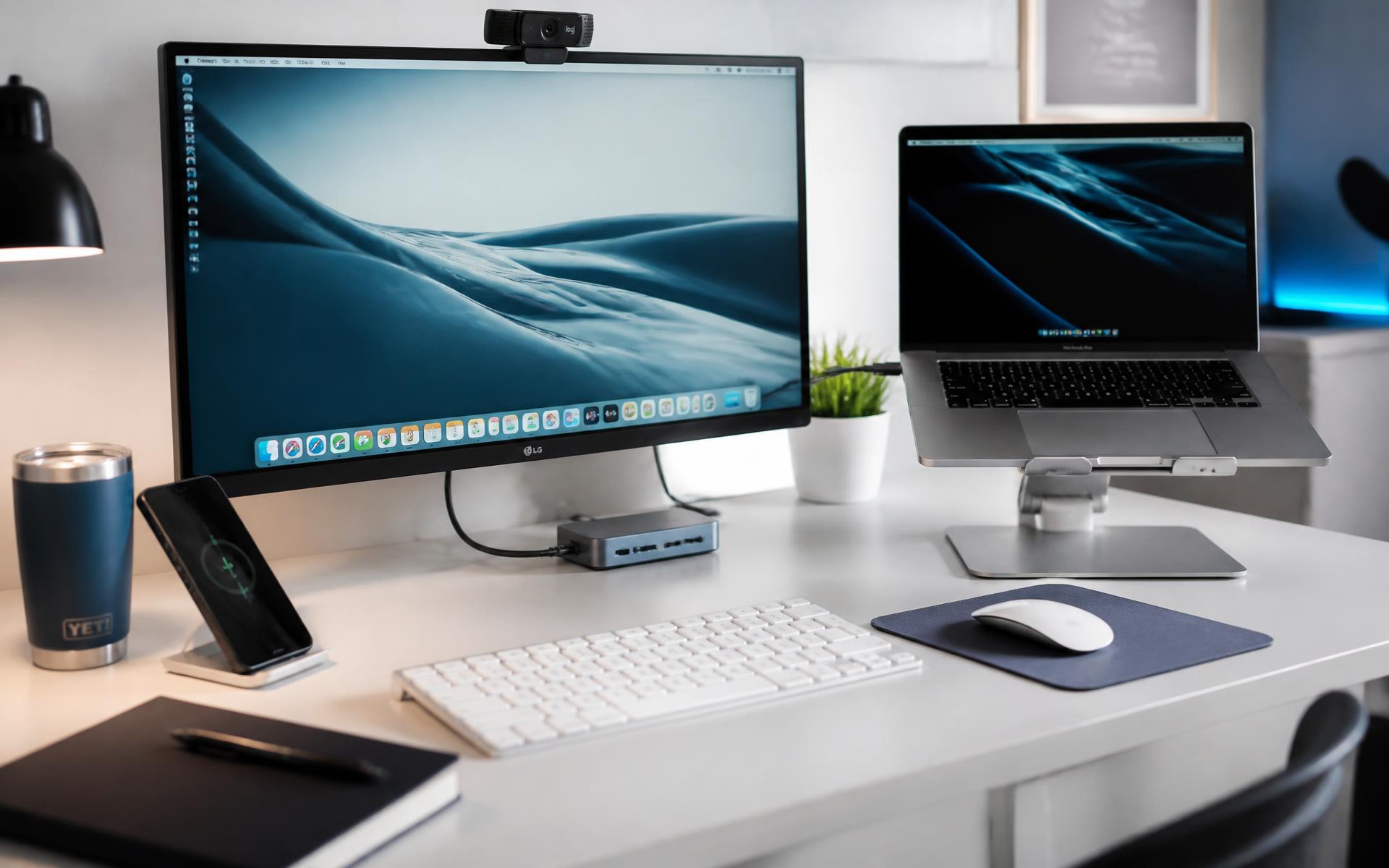 Modern desk setup with a keyboard, mouse, webcam, laptop stand and accessories